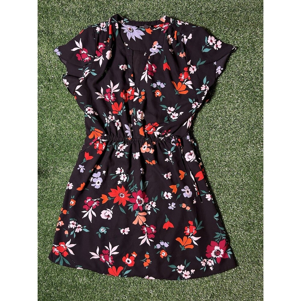 41 Hawthorn Womens XL Petite Dress Black Floral Split Neck Short Sleeve Pockets
